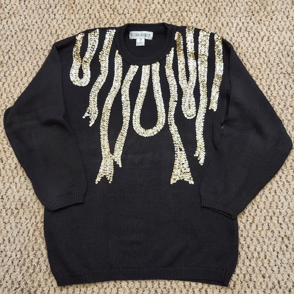 Victoria Harbour Black Knit Sweater Holiday Glam Gold Sequin Sz M Shoulder Pads - Picture 1 of 16